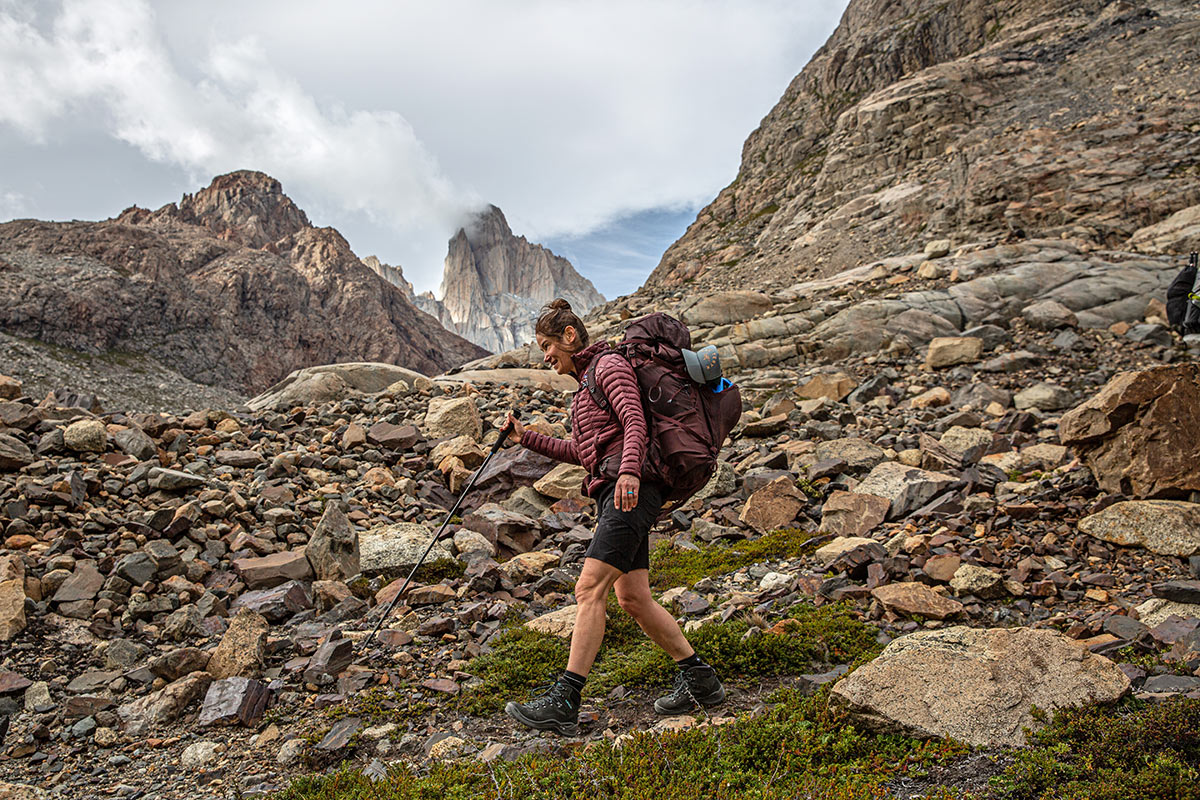Patagonia AlpLight Down Jacket (hiking with jagged Patagonian peaks in the background)